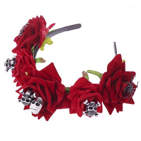 

halloween day of the dead headband velvet rose flower skull spider hair hoop1