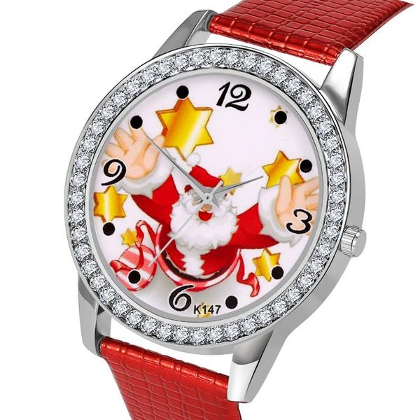 

wristwatches christmas women's quartz watches stanta claus gift printed dial lether belt inlaid with diamond digital scale reloj, Slivery;brown