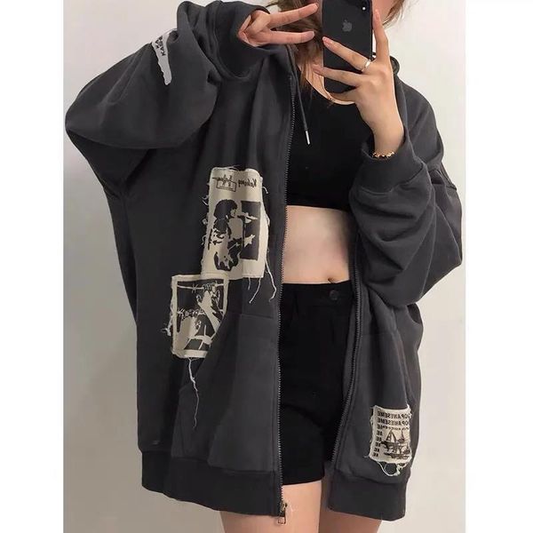 

women's jackets american vintage stylish women hip-hop streetwear hoodies coats y2k oversized patchwork couple casual all-match, Black;brown