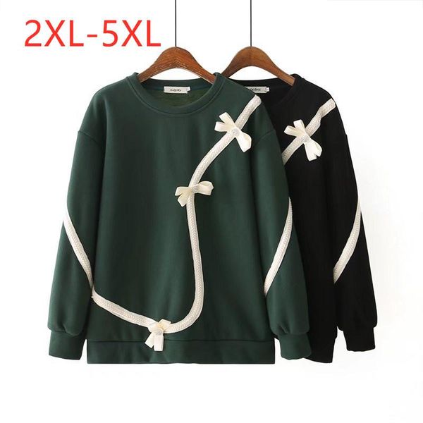 

plus size t-shirt large women's autumn and winter round neck plush bow cover two-color sweater, Black