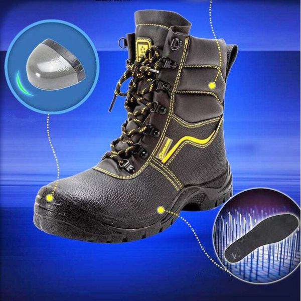 

boots gjklas genuine leather safety men steel toe shoes winter warm snow work waterproof non slip, Black
