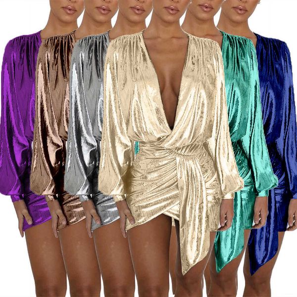 

gl6087 women's nightclub pit bar gilded zipper deep v-neck skirt dress, White
