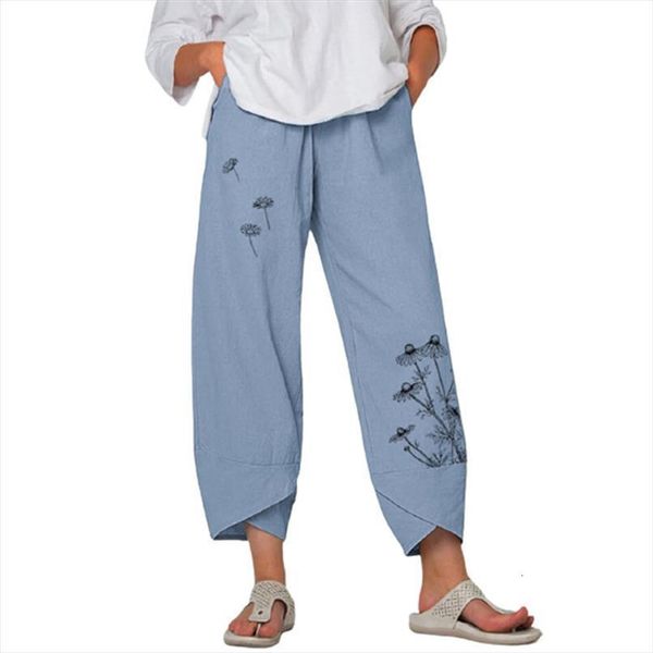 

spring summer cotton linen women capris casual cute butterfly print elastic waist trousers loose beach wide leg plus size, Black;white