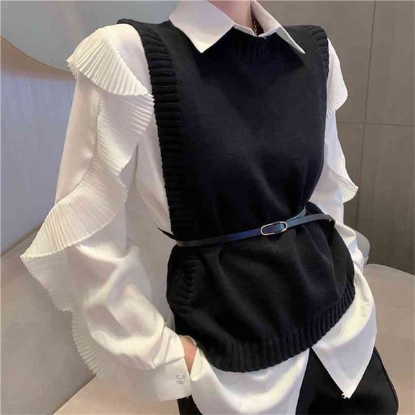 

spring 2 piece set elegant women white sweet ruffles loose shirt + black waist belt casual knit sweater vest suit 210519