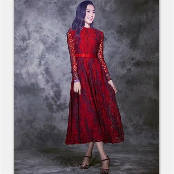 

casual dresses women runway dress stand collar long sleeve lace elegant np0277c, Black;gray