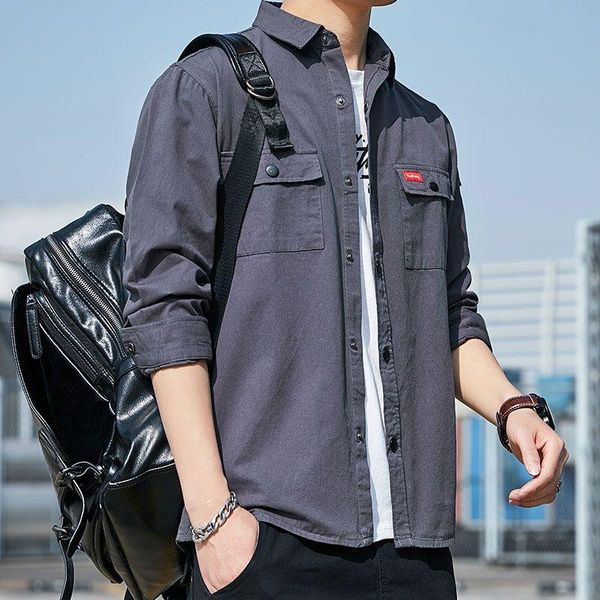 

men's casual shirts 100%cotton spring and autumn long-sleeved shirt handsome trendy coat large size loose cargo korean style, White;black