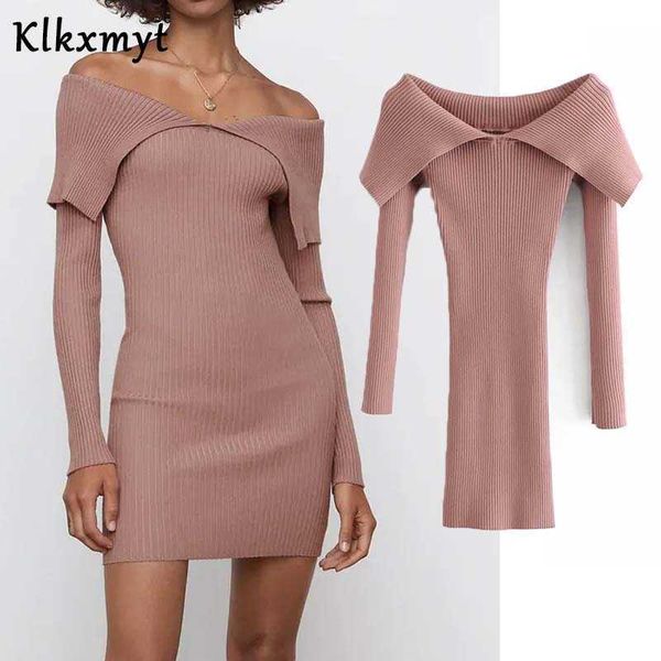 

klkxmyt za dress women fashion ribbing knitted mini vintage long sleeve slim female es vestidos mujer 210527, Black;gray