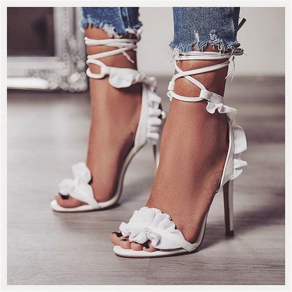 

women summer sandals cross strappy thin high heel peep toe shoes white ruffle lace up ladies pumps female, Black