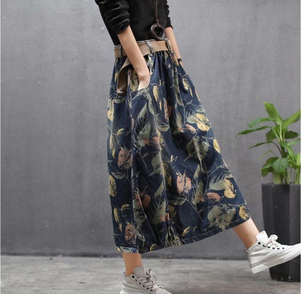 

skirts vintage floral print denim skirt harajuku loose women high waist elegeant autumn pencil long, Black