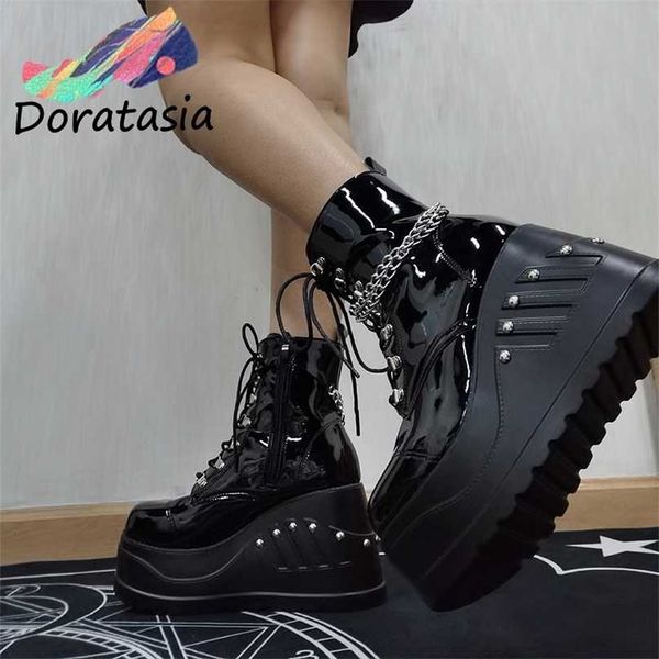 

brand punk goth platform motorcyle boots wedge's boots lace up trendy ins chain casual luxury shoes 211105, Black