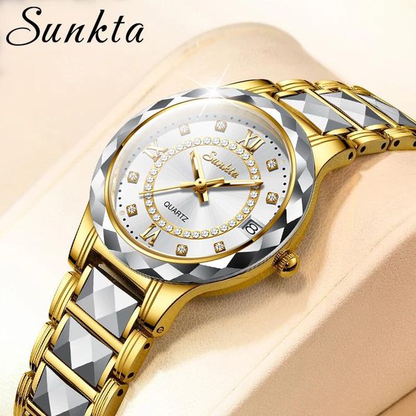 

wristwatches sunkta sapphire mirror luxury women watch tungsten steel material waterproof ladies watches diamond clock relogio feminino, Slivery;brown