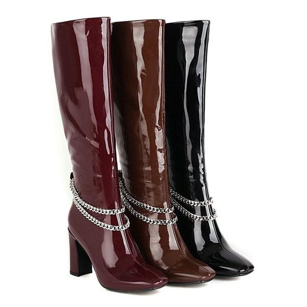 

boots fashion chain women's pu leather square high heel knee toe zipper autumn winter long ladies shoes, Black