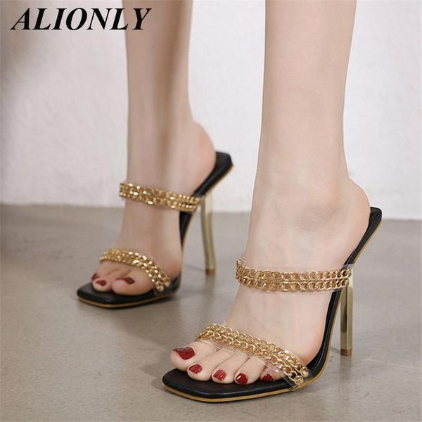 

slippers alionly pvc transparent chain high heel fashion design square toe slides slip on for women 2021 summer mules pumps, Black