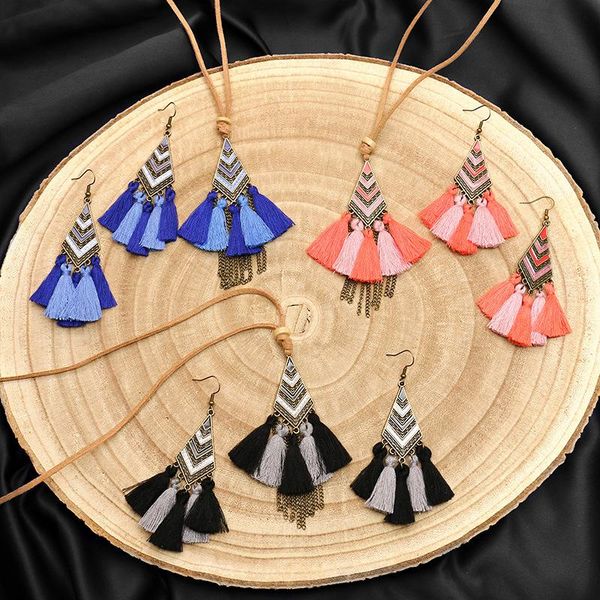 

earrings & necklace 3pcs bohemian tassel set hand-woven leather rope sweater chain women clothing jewelry, Silver