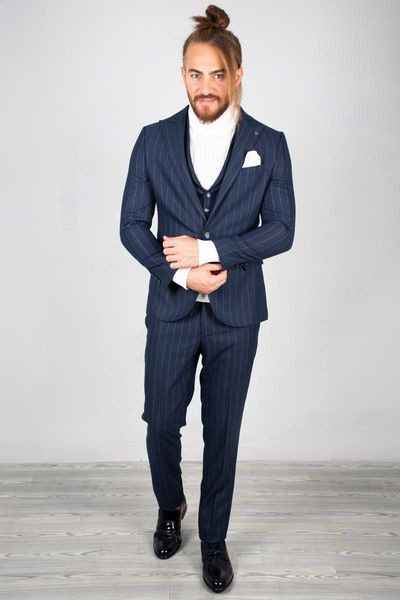 

deepsea navy blue luxury men 's suit tuxedo line pattern tight-fitting mould groom business suits wedding (blazer + pants vest) 2001070, White;black