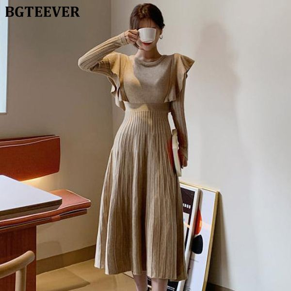 

bgteever elegant o-neck female thicken knit dress slim full sleeve ruffles long dress women sweater vestidos femme 2021 winter, Black;gray