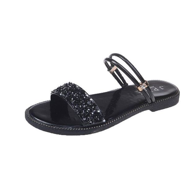 

casual women's slippers fashion all-match trend simple vamp sequins embellished open toe two-wear shoes, Black