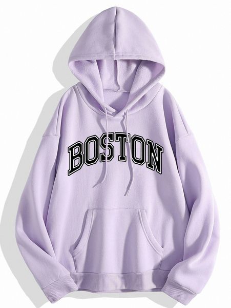 

letter graphic kangaroo pocket drawstring thermal hoodie f84a#, White;black