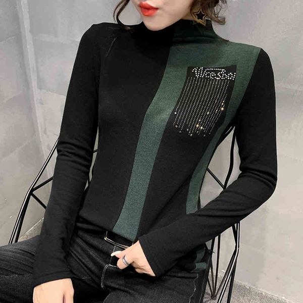 

women's t-shirt fashion european clothes shiny tees color blocking diamonds t-shirt women autumn winter bottoming shirt, White