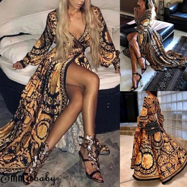 

floral print split vintage women dresses long sleeve boho yellow maxi evening party beach summer sundress, Black;gray