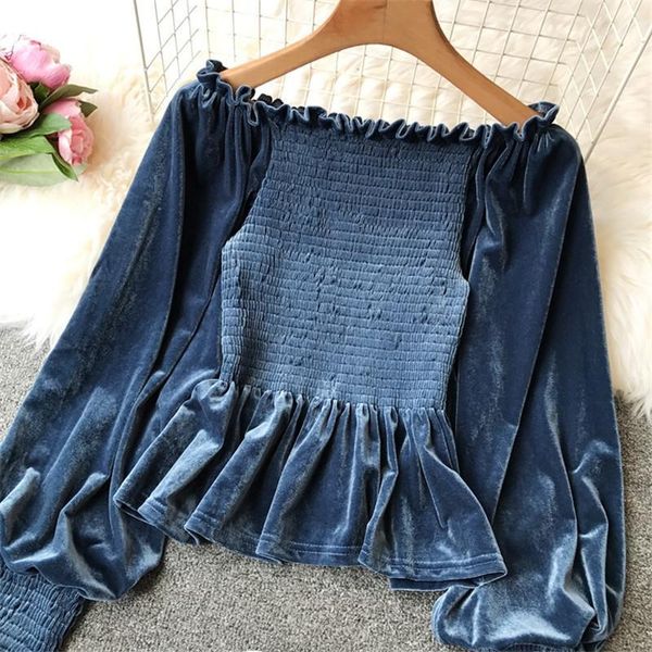 

women's blouses & shirts spring autumn women long sleeve blouse vintage velvet female slash neck shirt short bottoming ruffles a1218, White