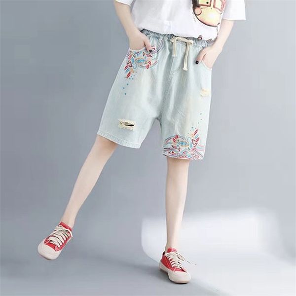 

arrival summer korean style women loose casual elastic waist cotton denim pants ripped jeans harem w174 210512, Blue