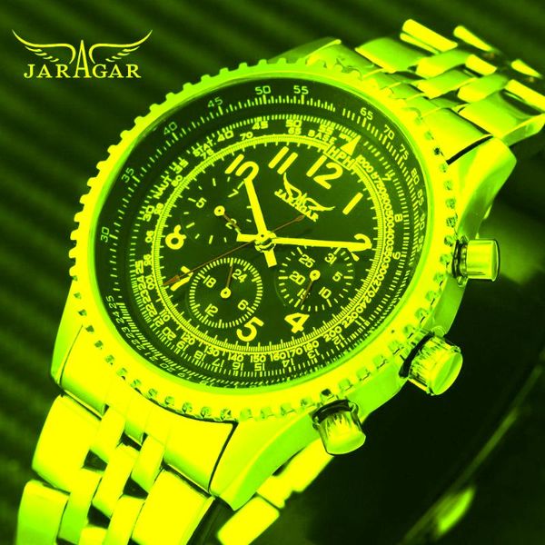 

wristwatches jaragar fashion automatic mechanical watch men metal strap 3 dials 6 hands calendar multifunction mens watches top, Slivery;brown
