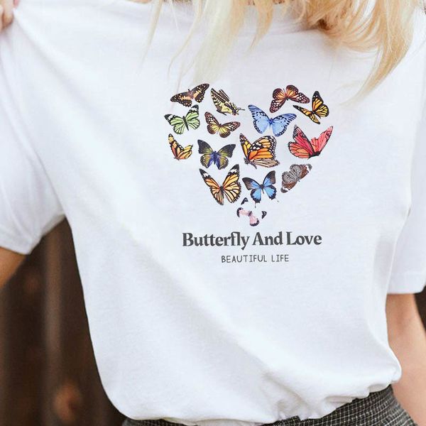 Schmetterling Liebe schönes Leben Grafik T-Shirt Kawaii süße Ästhetik Kunst T-Shirt für Frauen lässig lustig Tumblr Hipster weibliche Tops 210518