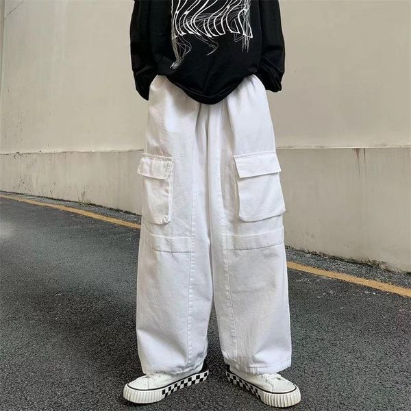 

men's pants black white oversized casual men pocket cargo streetwear loose hip-hop wide-leg mens straight trousers