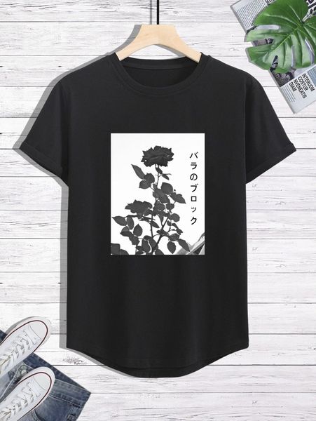 

men floral and japanese letter graphic curved hem tee v3ua#, White;black