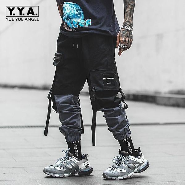 

men's pants hip hop mixed colors patchwork jogger streetwear sports mens spring summer drawstring waist casual loose male cargo, Black