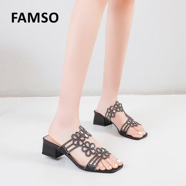 

women crystal clear transparent sandals slippers fashion block mid heel slide chunky mules hollow wedding shoes plus size, Black
