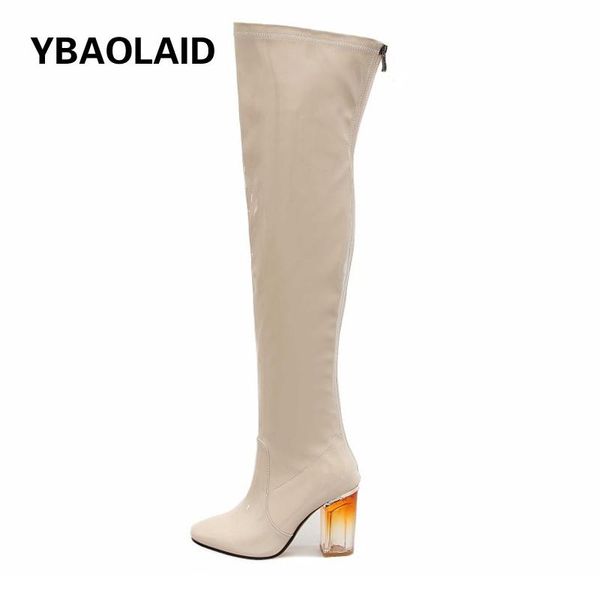

boots winter patent leather crystal heel over the knee 2021 thick pointed toe fashion personality nightclub long, Black