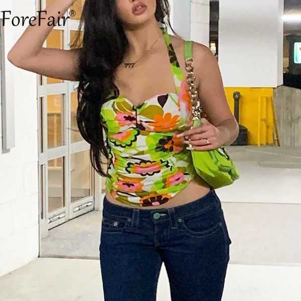 

summer halter y2k crop floral printed bandage backless off shoulder ruched women green tank 2021 casual, Black;white