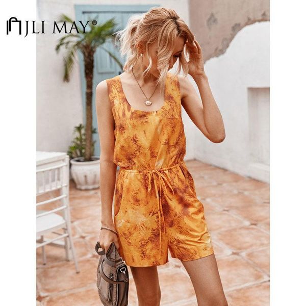 

women's playsuit tie-dyed u-neck sleeveless patchwork pocket empire lace up summer casual loose playsuits jumpsuits & rompers, Black;white