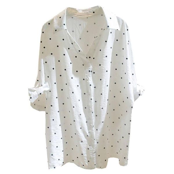 

women's blouses & shirts missky women shirt blue white point spring autumn middle-sleeved casual cotton-linen v-neck female blouse 2021