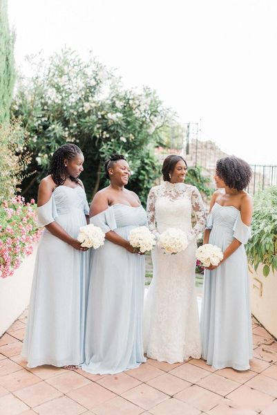 

dusty blue country bridesmaid dresses with plus size 2021 off shoulder ruffles pleat african bohemian beach wedding party guest gown, White;pink