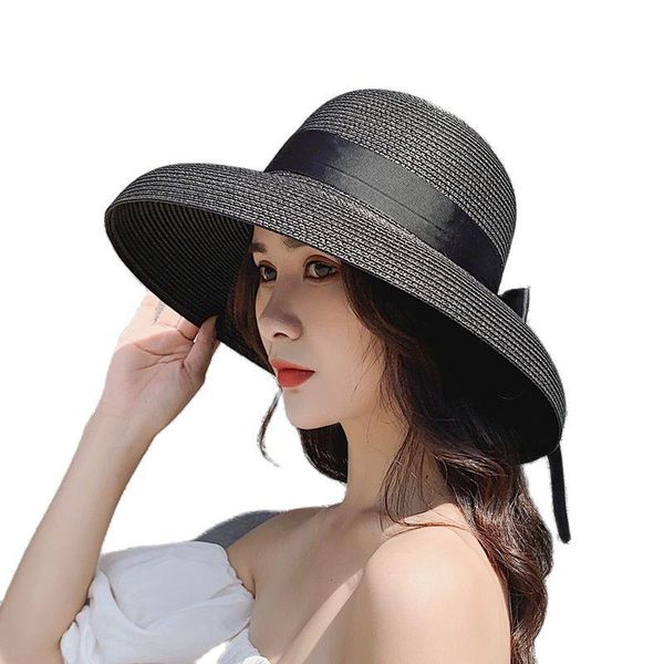 

wide brim hats women's hepburn large straw hat outdoor beach sun protection suncreen visor caps dome panama gorros, Blue;gray