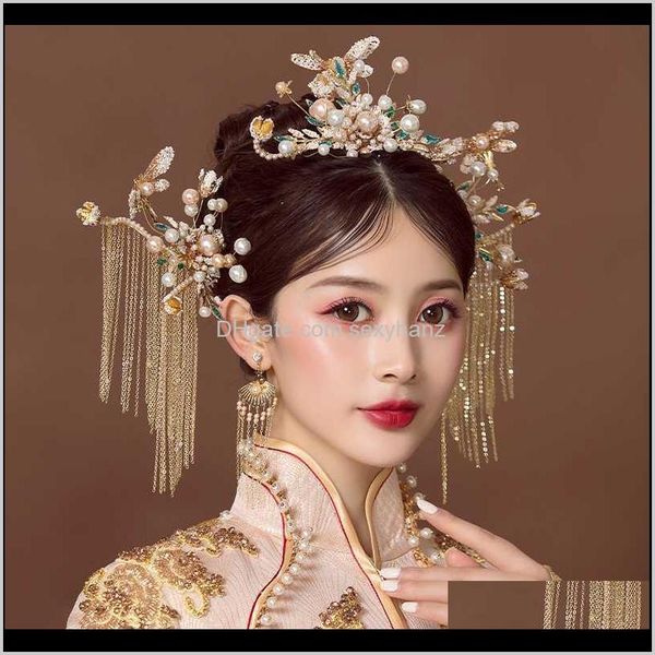 

clips & barrettes jewelry drop delivery 2021 niushuya retro chinese hanfu ancient costume hair blue draggonfly bride wedding headdress acces, Golden;silver