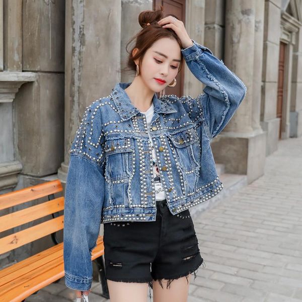 

women's jackets 2021 autumn hand rivet short loose heavy duty diamond denim jacket female, Black;brown