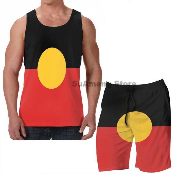 

men's tracksuits summer funny print men tank women australian aboriginal flag board beach shorts sets fitness sleeveless vest, Gray