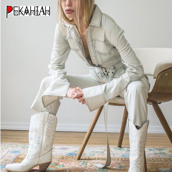 

women's jumpsuits & rompers denim jumpsuit women long sleeve belt autumn womens streetwear for 2021 lady overalls, Black;white