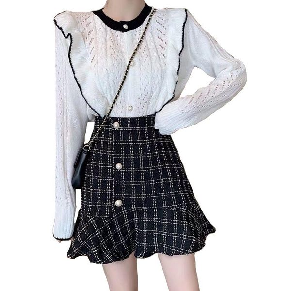 

two piece dress 2 outfits for women cut-out color block knit suit winter plaid fashion casual skirt two-piece set, White