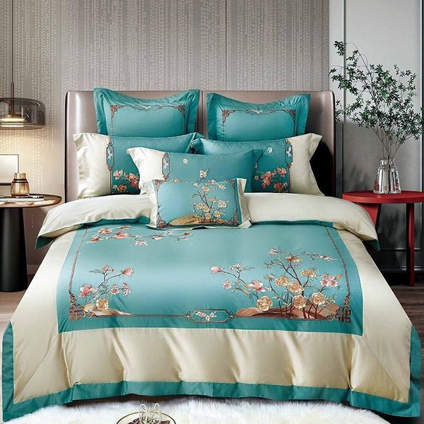 Set di biancheria da letto di lusso in cotone egiziano morbido set da fiori ricamo copripiumino copertura piatta lenzuola lenzuola camera da letto regina king size pillowcases