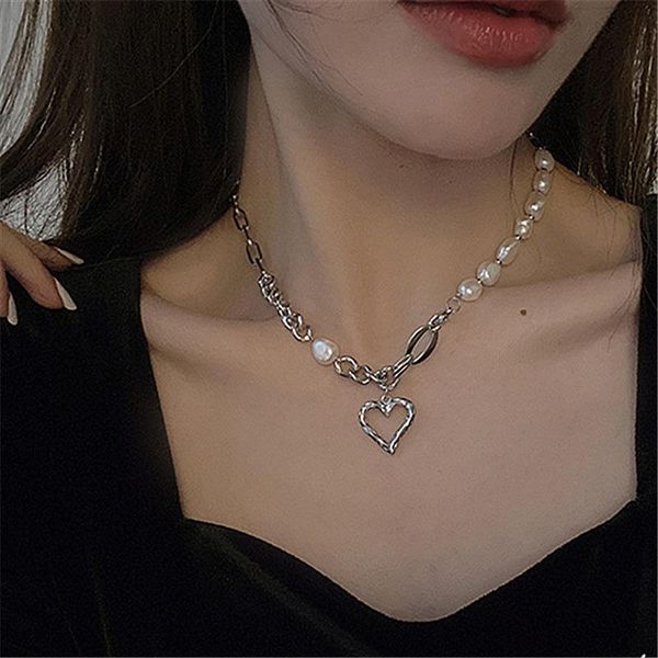 

chains temperament pearl necklaces pendant women fashion fine luxury hollowed out love splicing clavicle chain girl sister accessories, Silver
