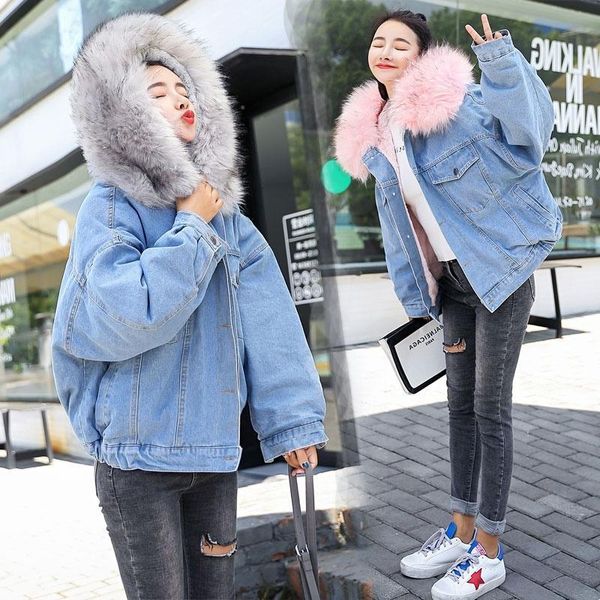 

women's down & parkas women velvet thick denim jacket female winter warm short coat collar slim hooded outwear coats locomotive fe, Black