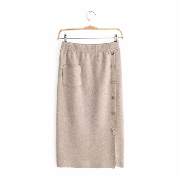 

skirts vintage solid color single pocket ladies high waist elastic knitting skirt saia mori girl, Black