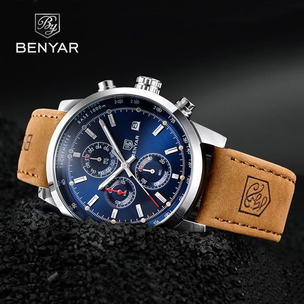 

wristwatches benyar watches men quartz watch fashion chronograph reloj hombre sport clock male hour relogio masculino 2021, Slivery;brown