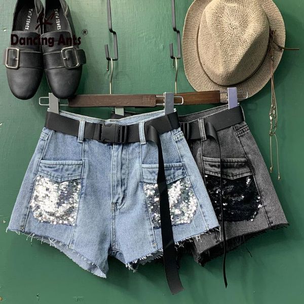 

woman shorts high waist a-line wide-leg loose cotton short jeans korean style sequined pockets female denim 2021 summer women's, White;black