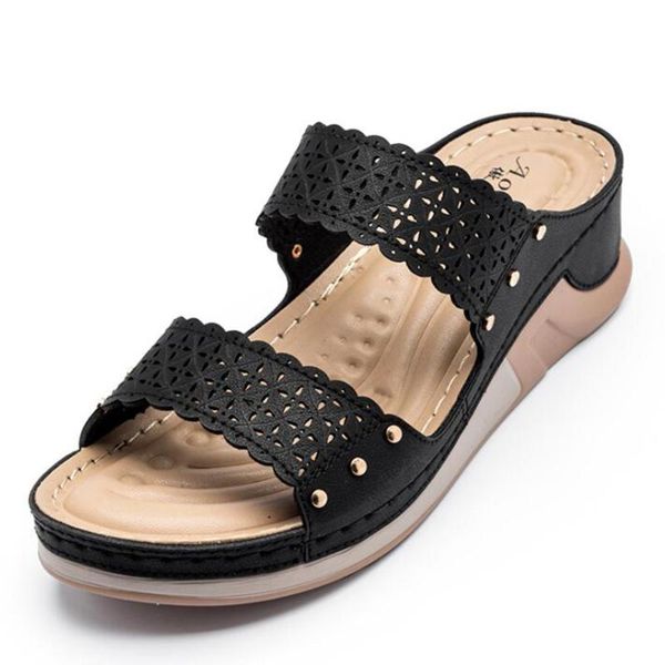 

summer women wedges sandals hollow out ladies slides comfortable outdoor beach slip on shoes non-slip female slippers zz171, Black